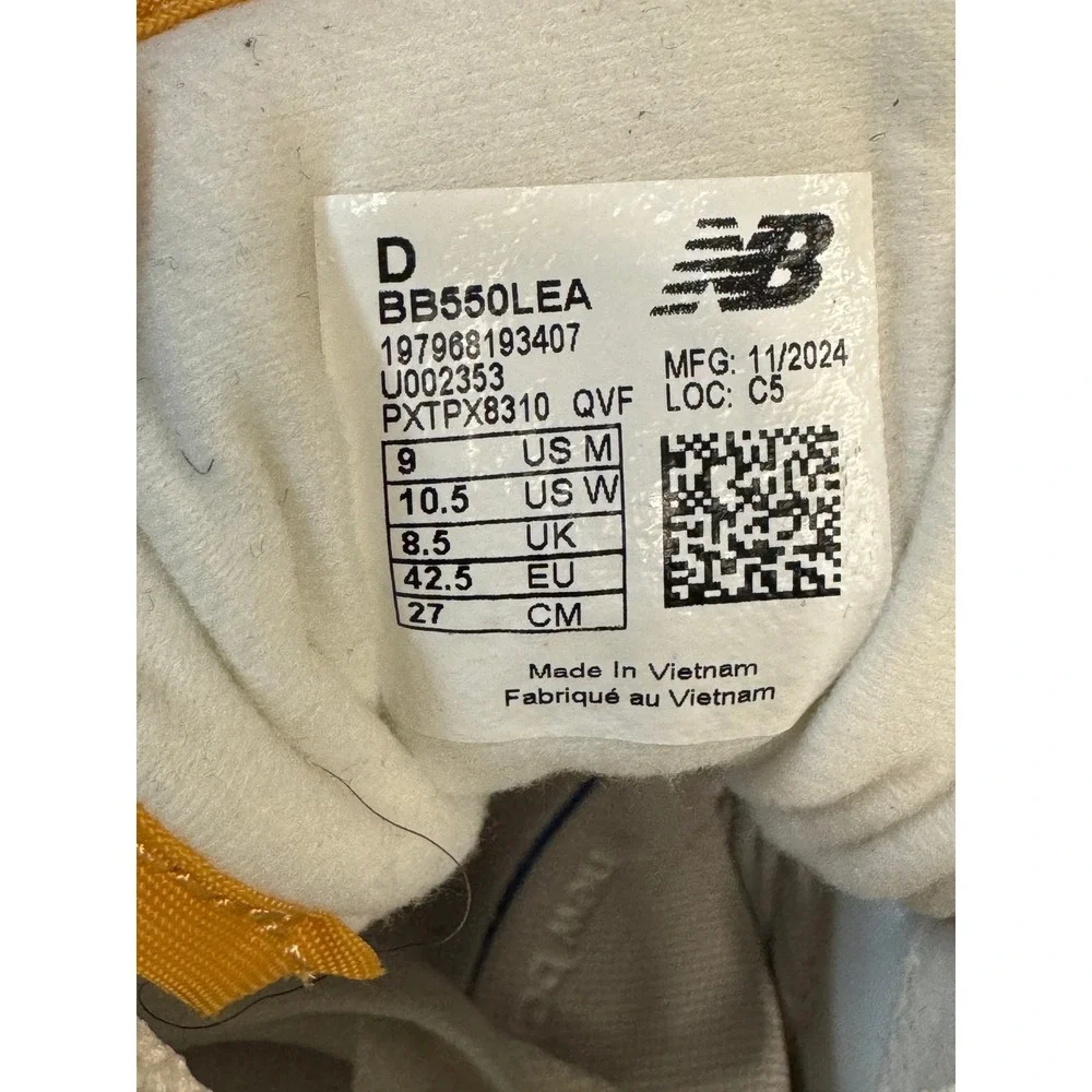 New Balance 550 White Honey Gold BB550LEA Mens 9 Womens 10.5 Sneakers